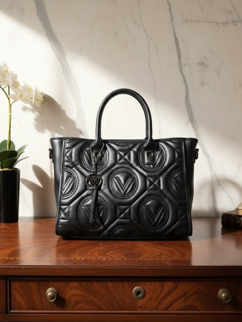 Valentino Orlandi NWT Xtra Large Black Signature Embossed Tote With Wallet